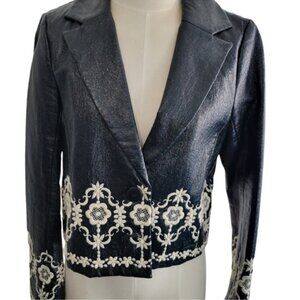 Leather Jacket Cream Embroidery Size 8 Black with Cream